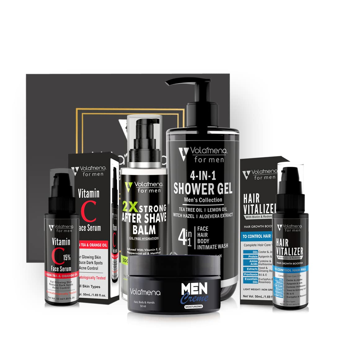 Volamena Complete Men Grooming Care Kit I 4 in 1 Men Body wash I Men Hair Vitalizer I Men Moisturizing Cream I Vitamin C men face serum I After Shave balm I pack of 5-image-11