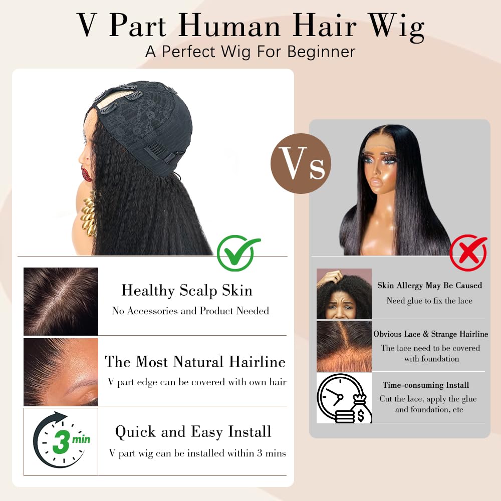 Kinky Straight V Part Wig Human Hair 18 Inch V Part Wig For Women with Drawstring 180% Density Upgrade Glueless U Part Wig No Leave Out No Sew In Kinky Straight Human Hair Wigs Natural Black - Image 7