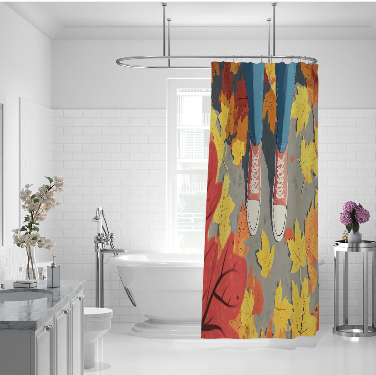 Herbstspuren Badevorhang Orangefarbene gelbe Blätter Gehschuh-Muster Duschvorhang Verspielte Illustration Badewannenvorhang zur Badezimmerdekoration 200 x 240 cm
