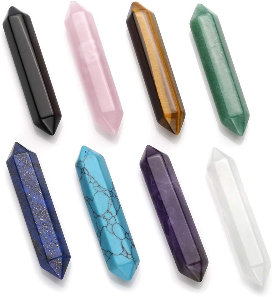 CrystalTears 8pcs Chakra Healing Crystal Double Terminated Points Wands Set Natural Polished Thumbled 6 Facet Stone Decor Reiking Balancing 1.9-2.1"