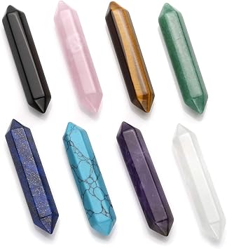 CrystalTears 8pcs Chakra Healing Crystal Double Terminated Points Wands Set Natural Polished Thumbled 6 Facet Stone Decor Reiking Balancing 1.9-2.1"