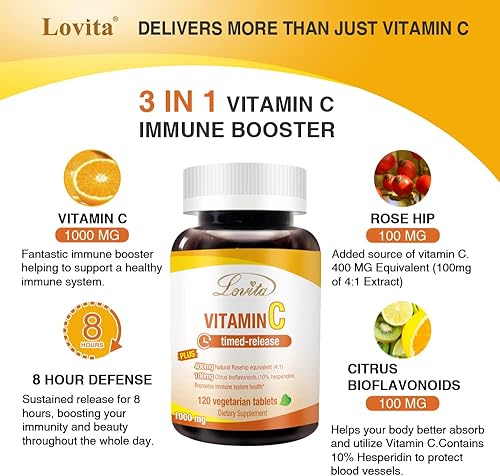 Miniatura 3 de Lovita Vitamina C de 1000 mg con bioflavonoides y rosa HIPS, revestimiento de liberación temporizada, alta potencia, apoya la función inmunológica