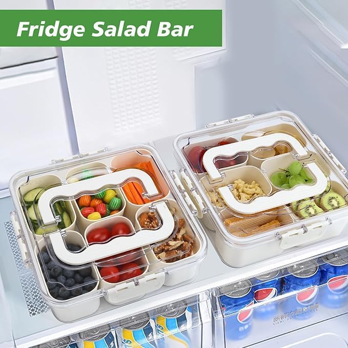 Image of Silicone Divided Fridge Storage Boxes With Serving Veggie Tray with Lid and Handle, Fridge Organizer with Removable Compartment, Fridge Storage Containers (6 Compartment-1PCS), White