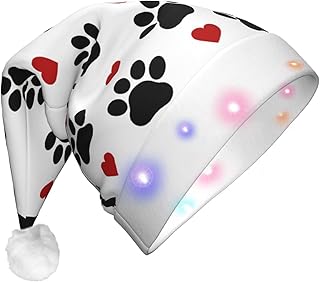 Black Dog Paws Red Hearts Christmas Hat With Led Lights For Adults,Fluffy Santa Hat With Three Lighting Modes For Party Headwear