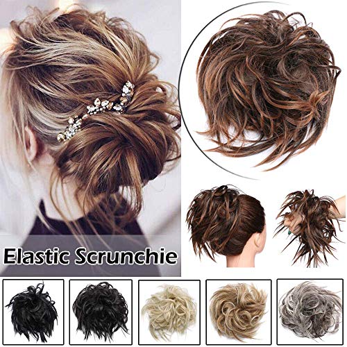 Fluffy Tousled Scrunchie Hair Bun With Elastic Rubber Band Premium Wrap On Hair Extensions Updo Chignon Donut Messy Ponytail Hairpiece Synthetic Wavy For Women(LIght Auburn Mix Dark Brown)