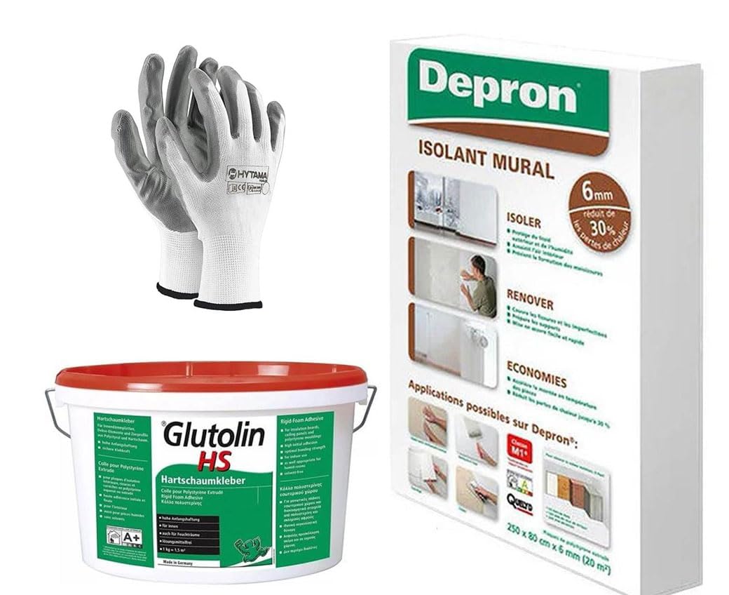 DEPRON Pannelli Isolanti 6 mm (125×80 cm) – Confezione 20 m² + Colla Glutolin 8 kg | Isolamento Termico e Acustico per Pareti e Soffitti | 1 paio di guanti in nitrile HYTAMA TOOLS