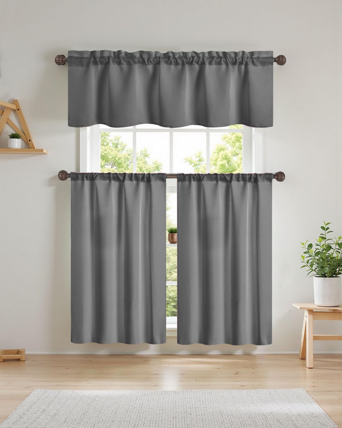 Easy Home 3 Piece Solid Color Blackout Window Curtain Set with Tiers and Valance Rod Pocket Thermal Privacy Curtain Tiers for Kitchen, Living Room, Bathroom Shades, W27 x L36 Inch,(Dark Gray)