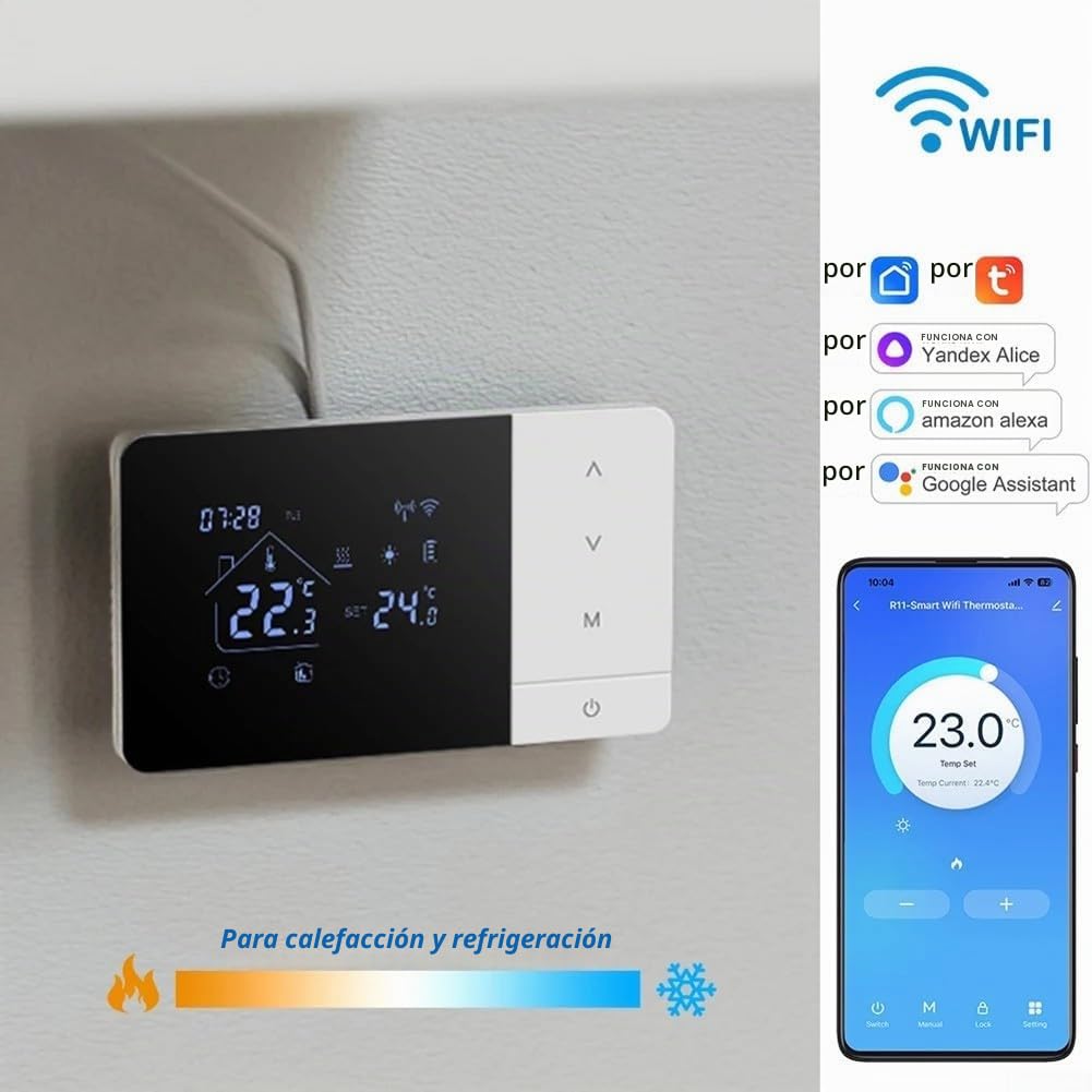 Termostato Wifi para calderas de gas con modos de calefacción y refrigeración, compatible con Tuya, aplicación móvil y control de voz, bloqueo infantil y funciones de modo nocturno
