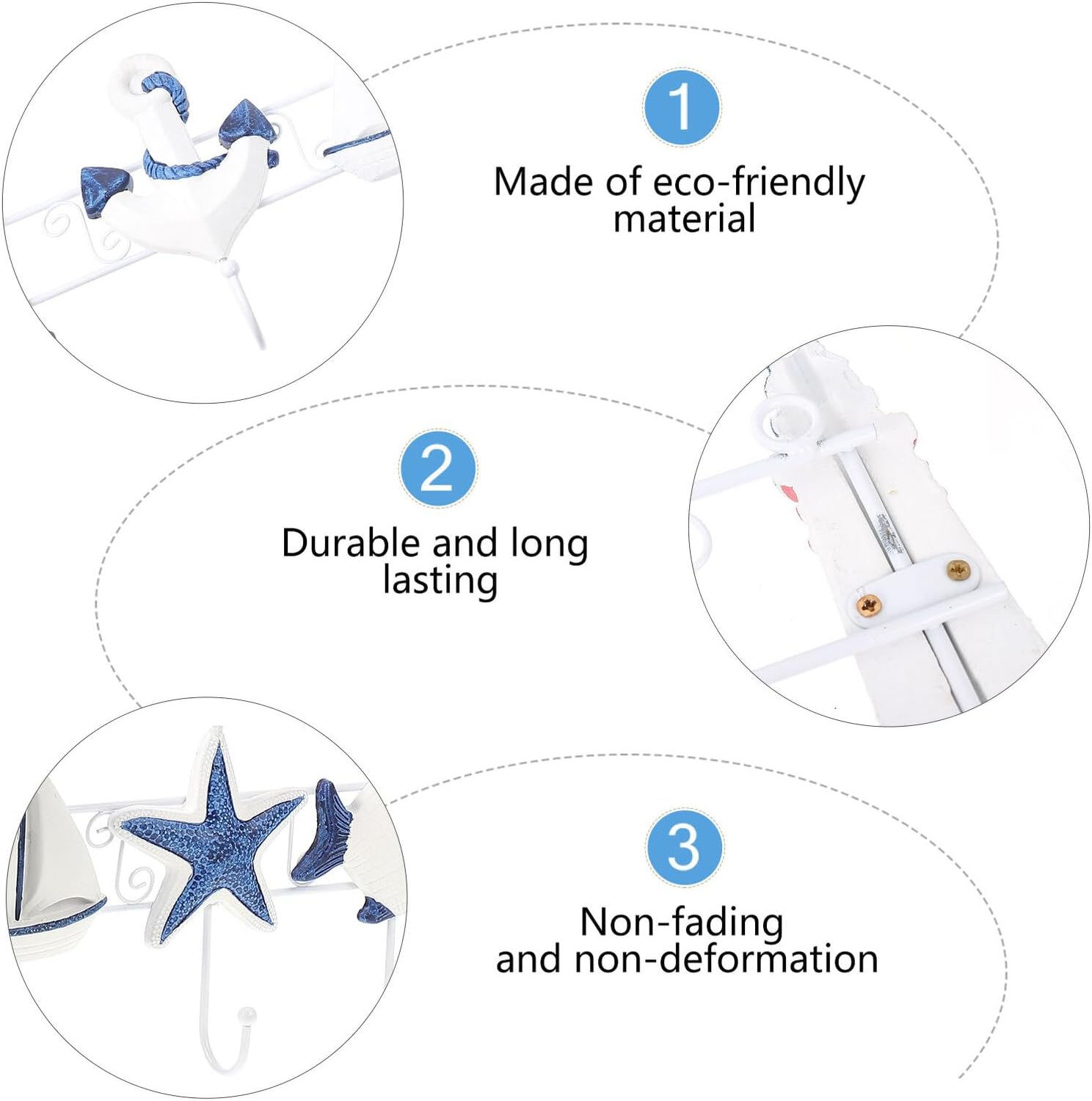 Mediterranean Style Wooden Coat Hooks 6-Hook Rack Ocean-Themed Decorative Household Clothes Hangers Wall Mounted for Entryway and Bathroom Storage