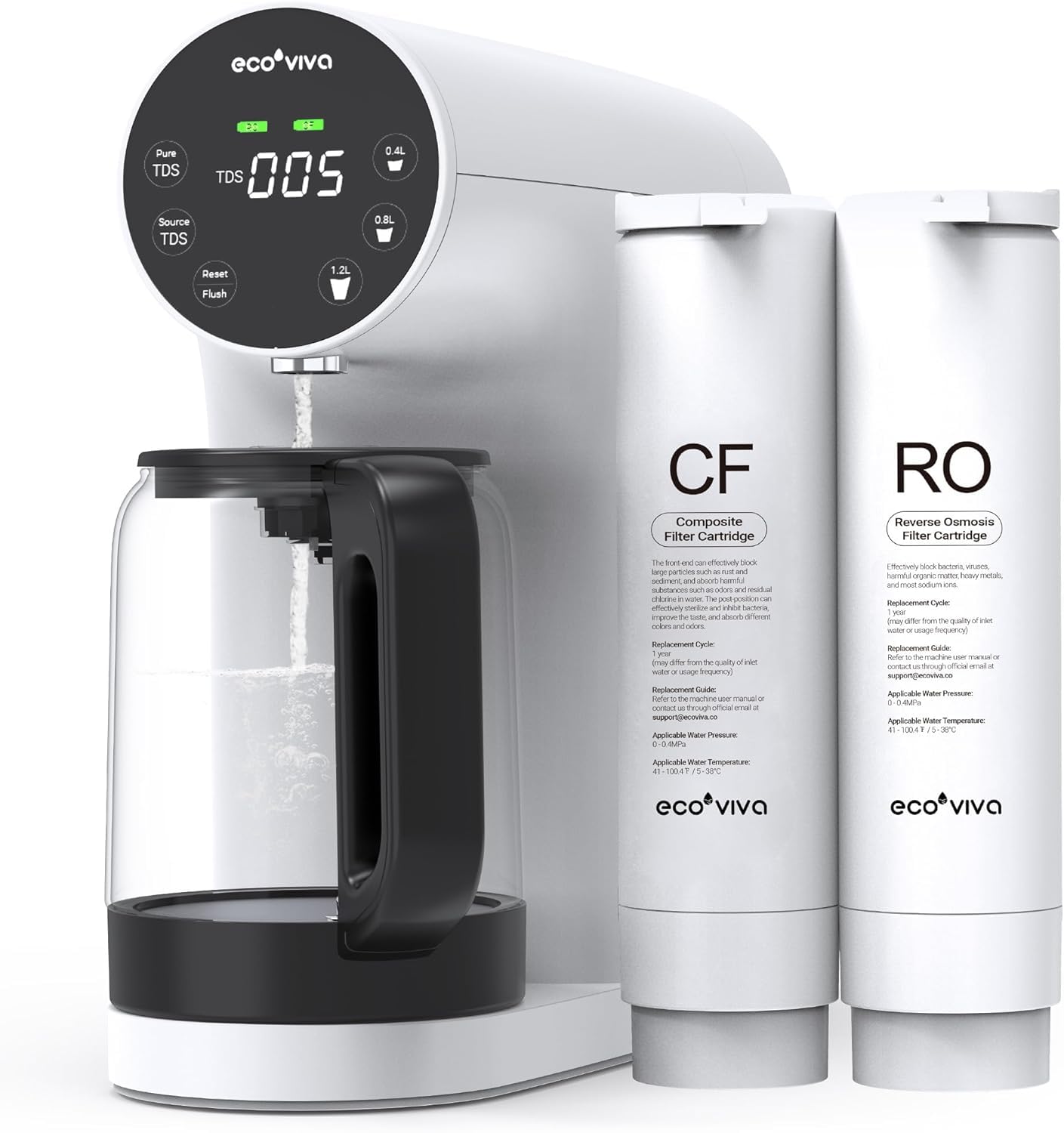 Ecoviva Auftisch Osmoseanlage, Trinkwasser Umkehrosmoseanlage mit 5-stufige Filtration, Echtzeit-TDS-Monitor, 3:1 Rein zu Abfluss, Mobil Umkehrosmose Wasserfilter Null-Installation WP-RO-200G Weiß