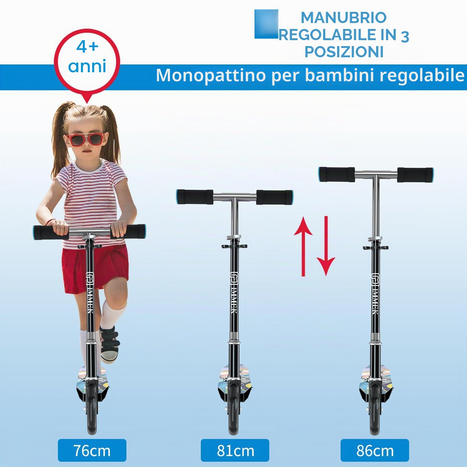 IMMEK Monopattino per Bambini, 2 Ruote Luminose a LED, Pieghevole, Pedale Regolabile in Altezza, per Ragazze e Ragazzi Oltre i 4 Anni, Peso Massimo 80kg