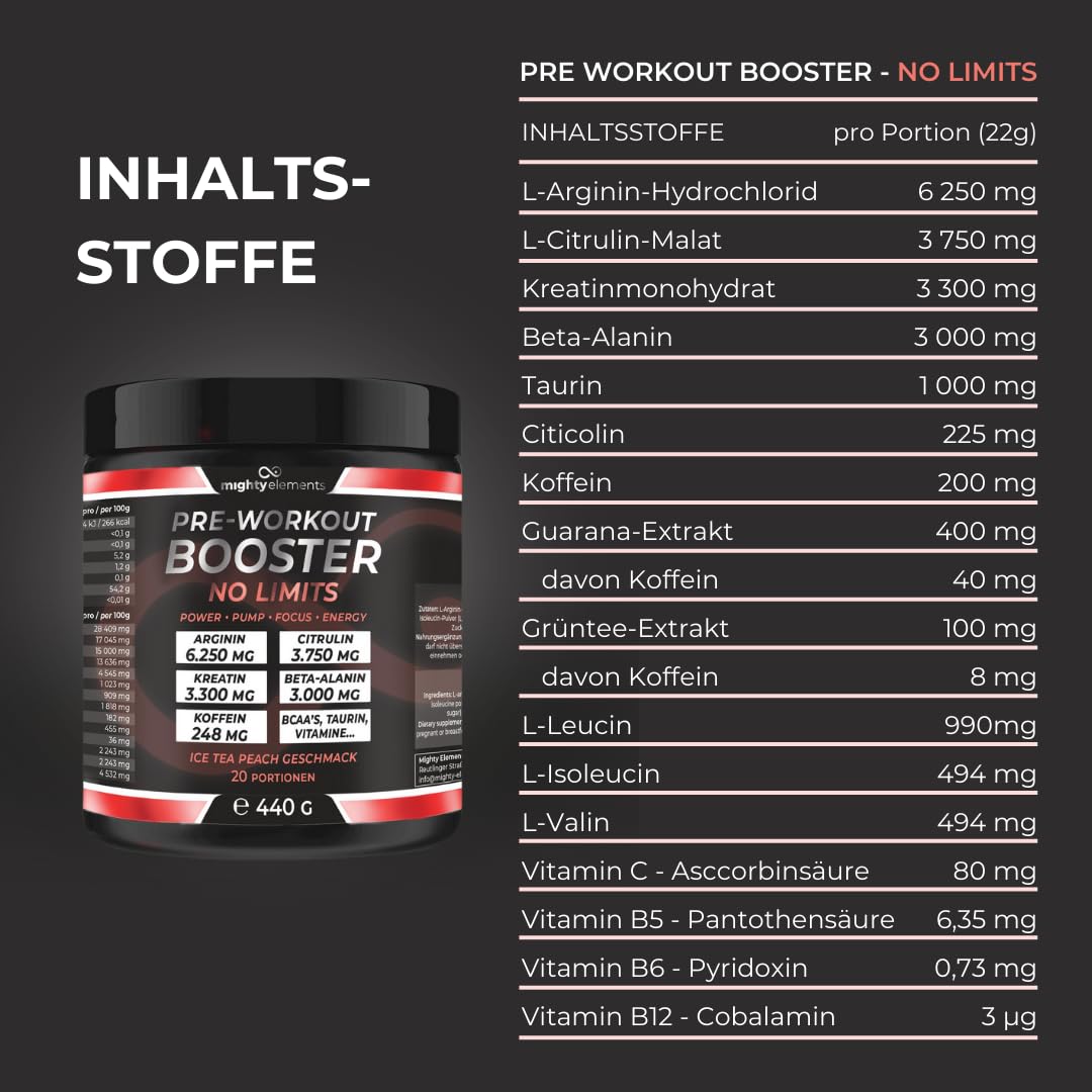 Mighty Elements Pre-Workout Booster No Limits Pulver, Arginin 6.250 mg, Citrullin 3.750 mg, Kreatin 3,3 g, Beta-Alanin 3 g, Koffein 248 mg, Green Apple Geschmack, 20 Portionen, 440 g