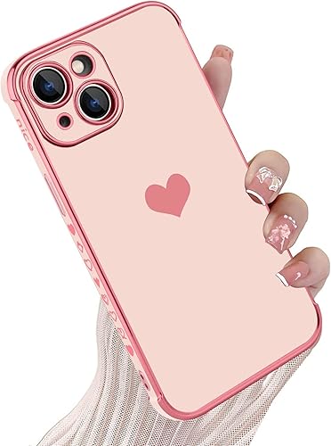KANGHAR Funda compatible con iPhone 15 Plus para mujeres y niñas, borde chapado en un lindo corazón de amor, funda de TPU suave con 4 esquinas,