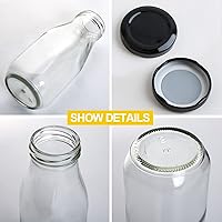 Vista 3 de QAPPDA Botellas de vidrio de 12 onzas, botellas de leche de vidrio transparente con tapas herméticas de metal negro, recipiente vintage para batidos