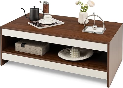 COSTWAY Mesa auxiliar moderna de 37 pulgadas, mesa central de sofá industrial de 2 niveles con estante abierto, mesa auxiliar rectangular de madera