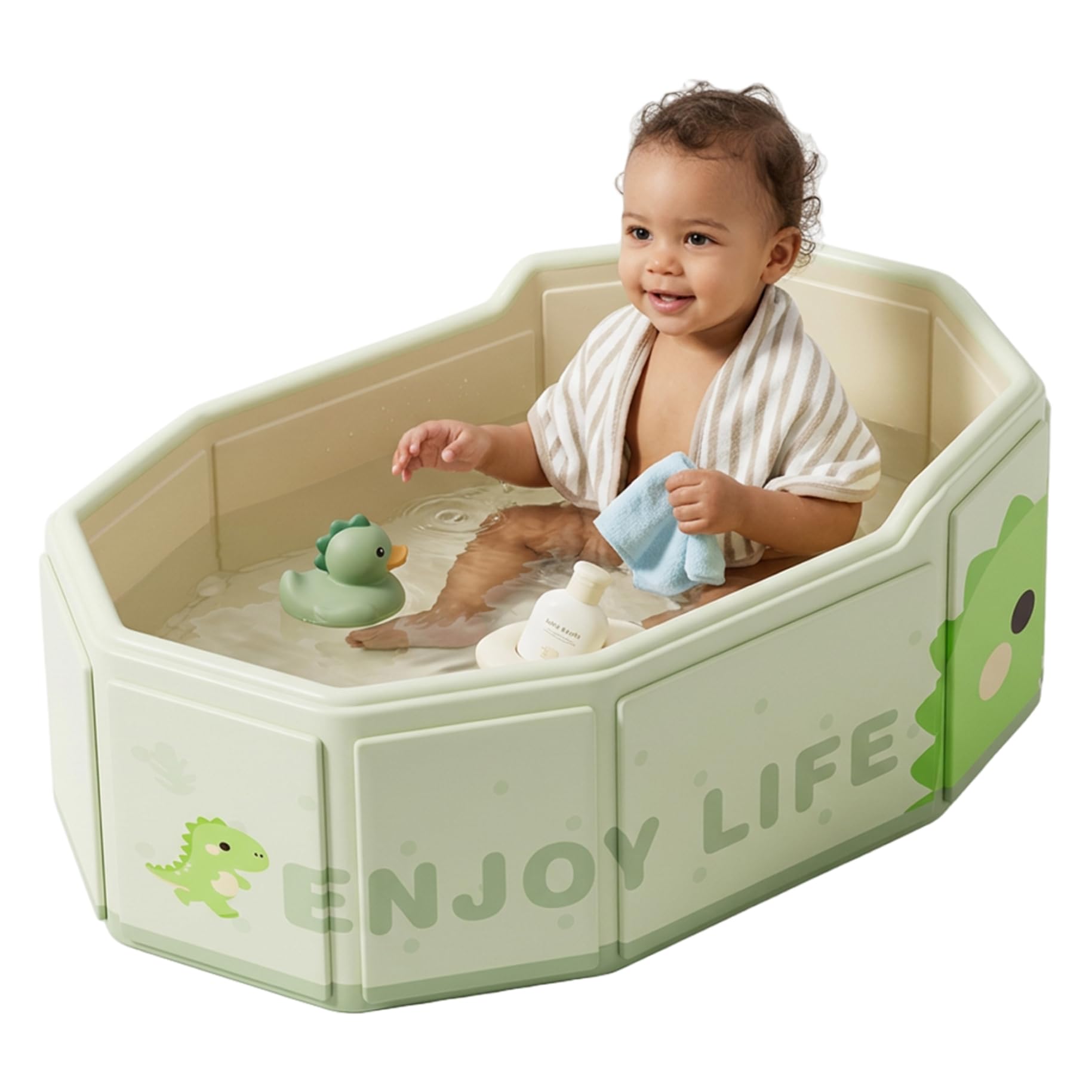 Bañera plegable para bebé, bañera portátil de 29, 5x17, 7 pulgadas con base antideslizante y tapón de drenaje, bañeras para bebés para bebés y niños pequeños, dinosaurio