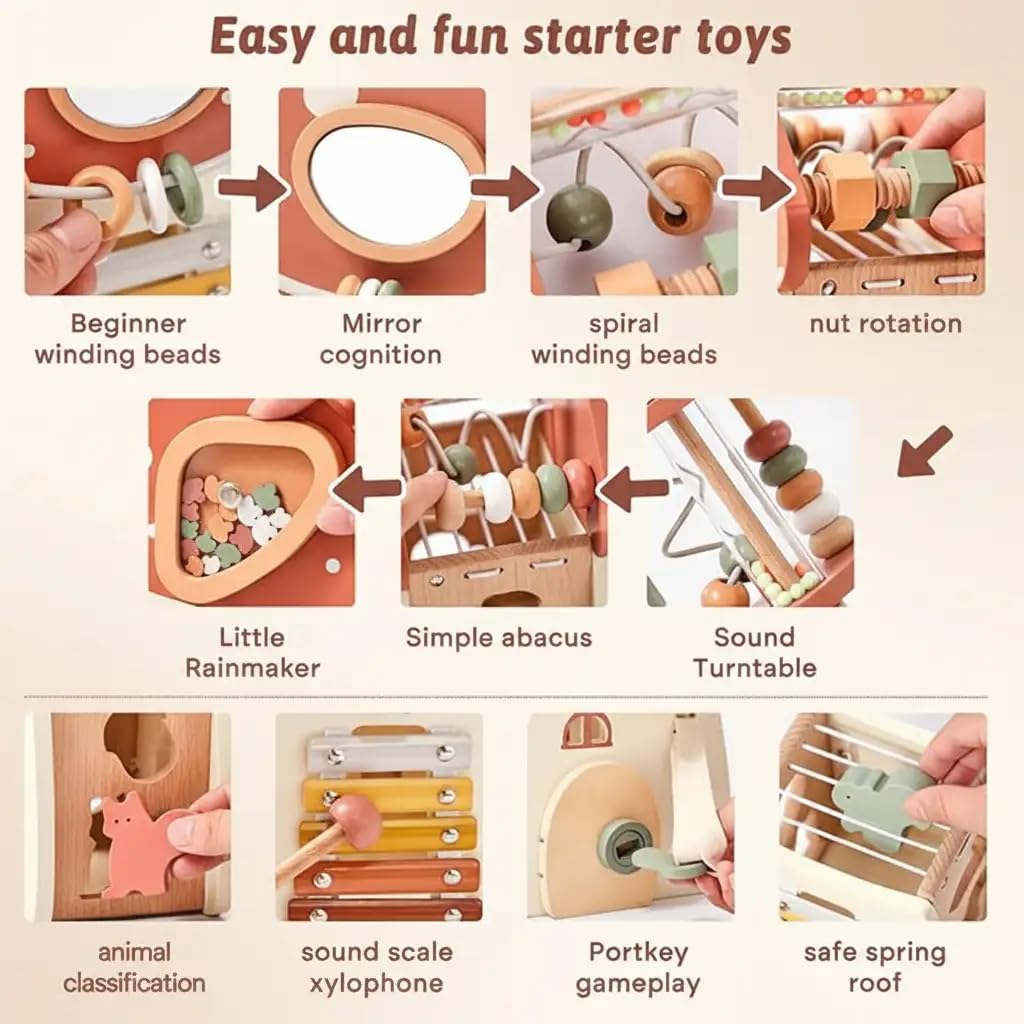 Cube d'Éveil Montessori en Bois 7-en-1 - Jouet d'Éveil Premier Âge avec Xylophone, Boulier et Labyrinthe à Perles - Cadeau Éducatif pour Bébé et Enfant 18 Mois+ - Design Durable et Sécuri