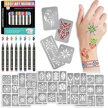 Temporary Tattoo Markers and Geometry Tattoo Stencils, 8 Metallic Markers and 90+ Stencils for Item Decoration and Body Makeup, Cosmetic Tattoos Pens for Skin, 8 Pens and 12 Sheets Stencils
