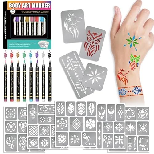 Temporary Tattoo Markers and Geometry Tattoo Stencils, 8 Metallic Markers and 90+ Stencils for Item Decoration and Body Makeup, Cosmetic Tattoos Pens for Skin, 8 Pens and 12 Sheets Stencils