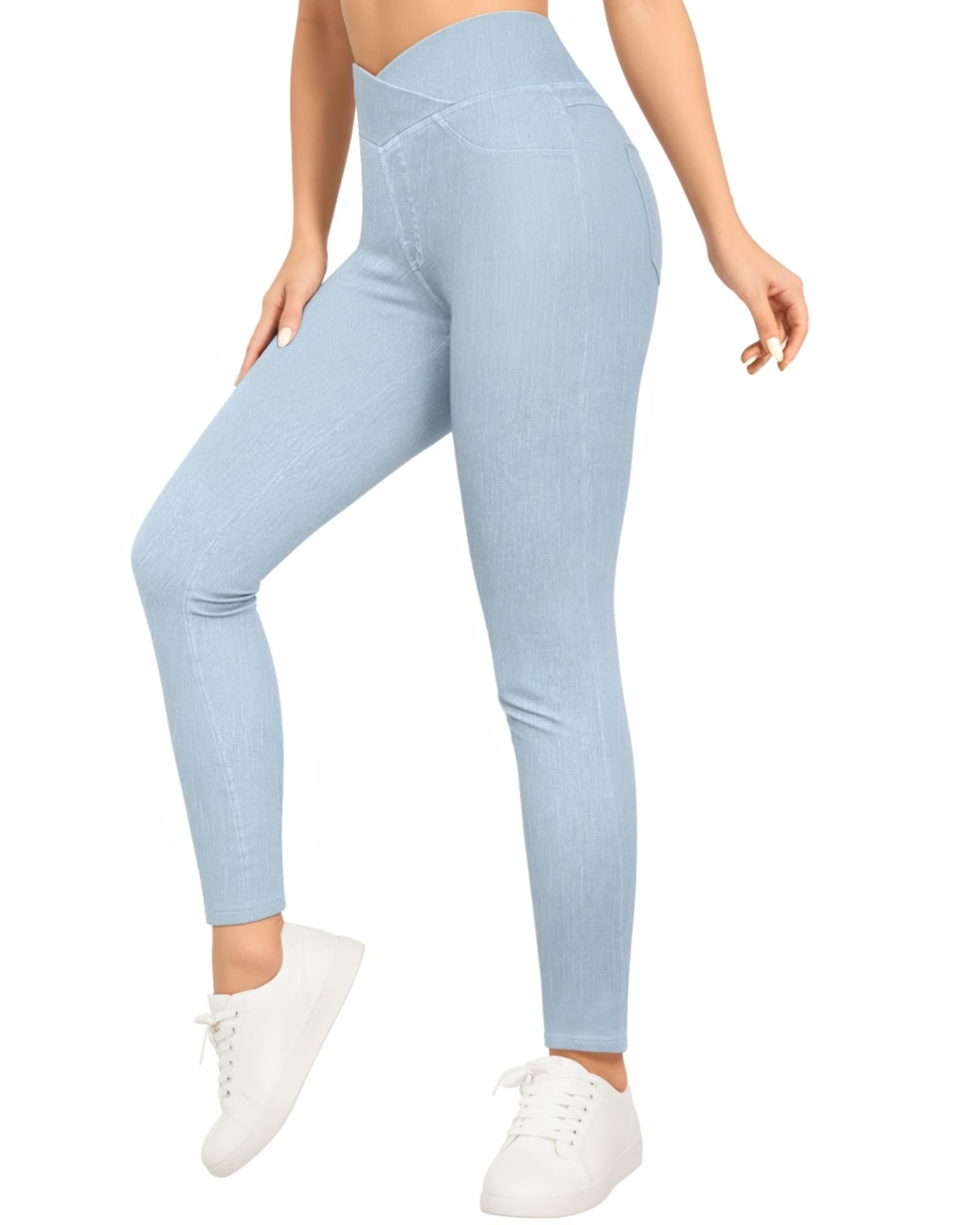 Women's High Waisted Jeggings V Cross Jeans Skinny Pull On Stretchy Leggings with Back Pockets