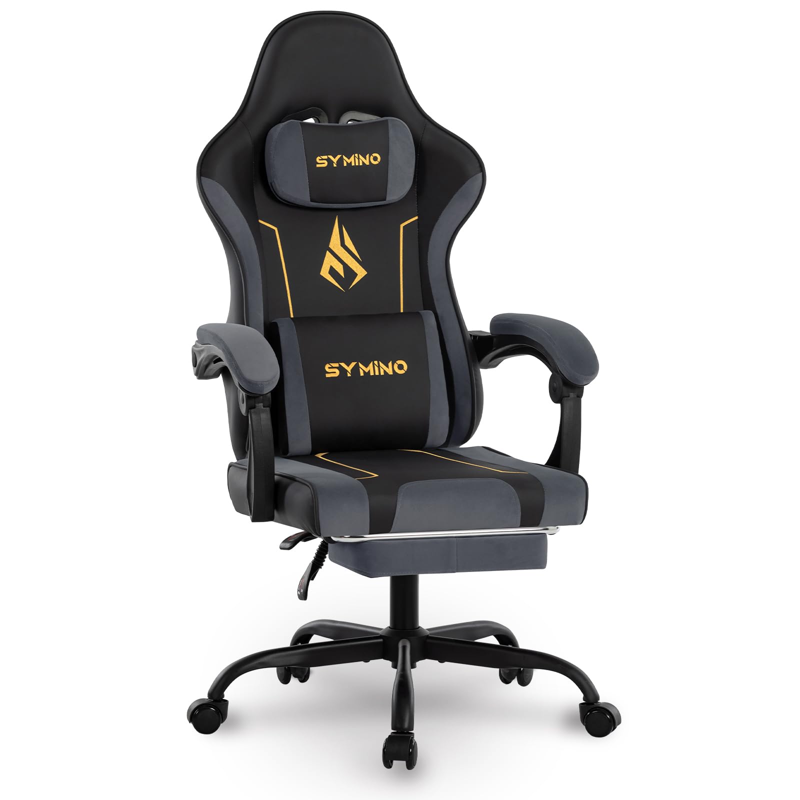 Symino Gaming Chair, Ergonomic Computer Chairs, Adjustable Swivel Task Chair with Lumbar Support and Footrest, Latex filling PC Chairs, PU Leather&Faux Suede Game Chair for Adults, Black&Grey