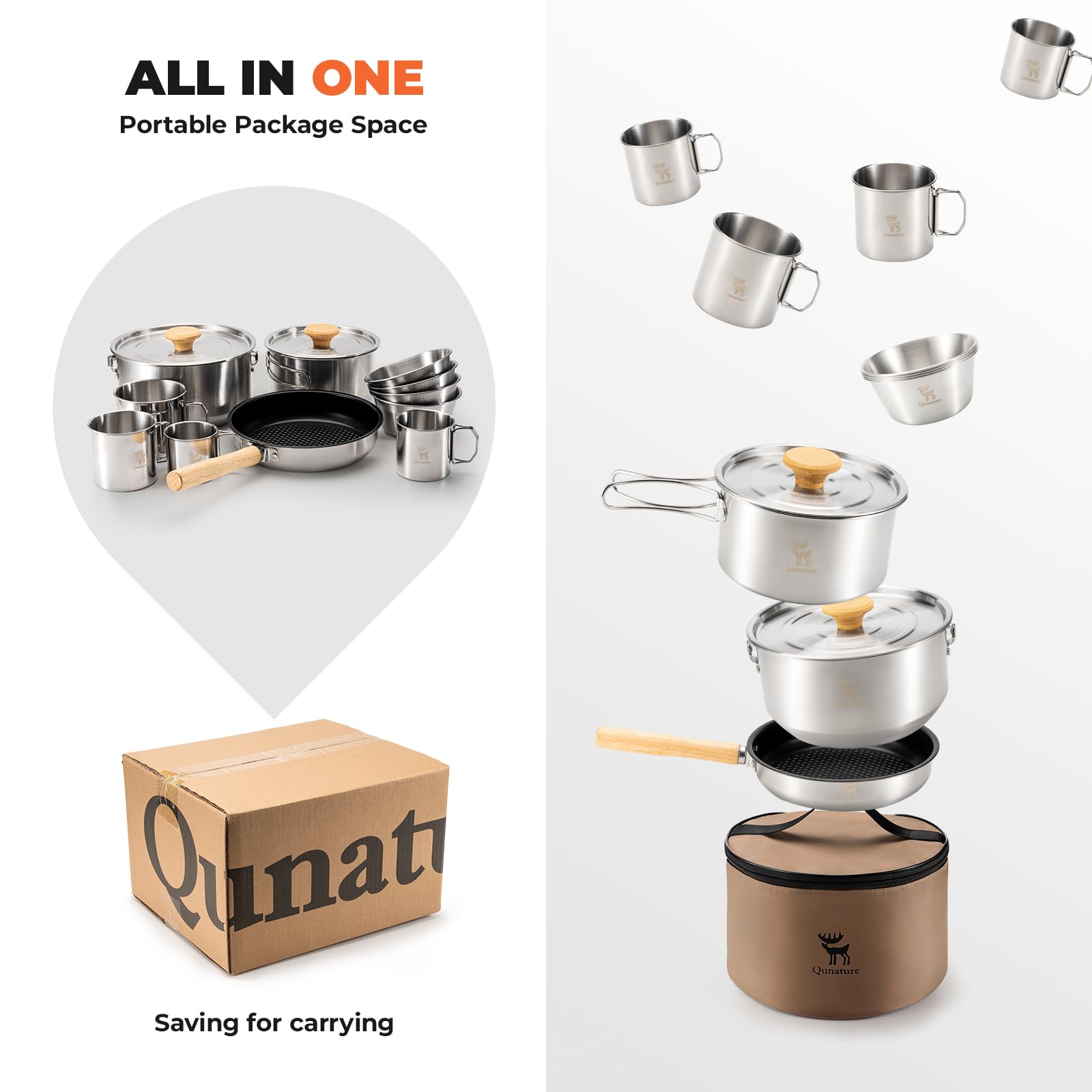 Kit de Utensilios de Cocina para Camping, 11 Piezas Ollas, Sartenes, Tazones y Tazas de Acero Inoxidable, Apilable con Bolsa de Almacenamiento para Senderismo, Acampada y Aire Libre