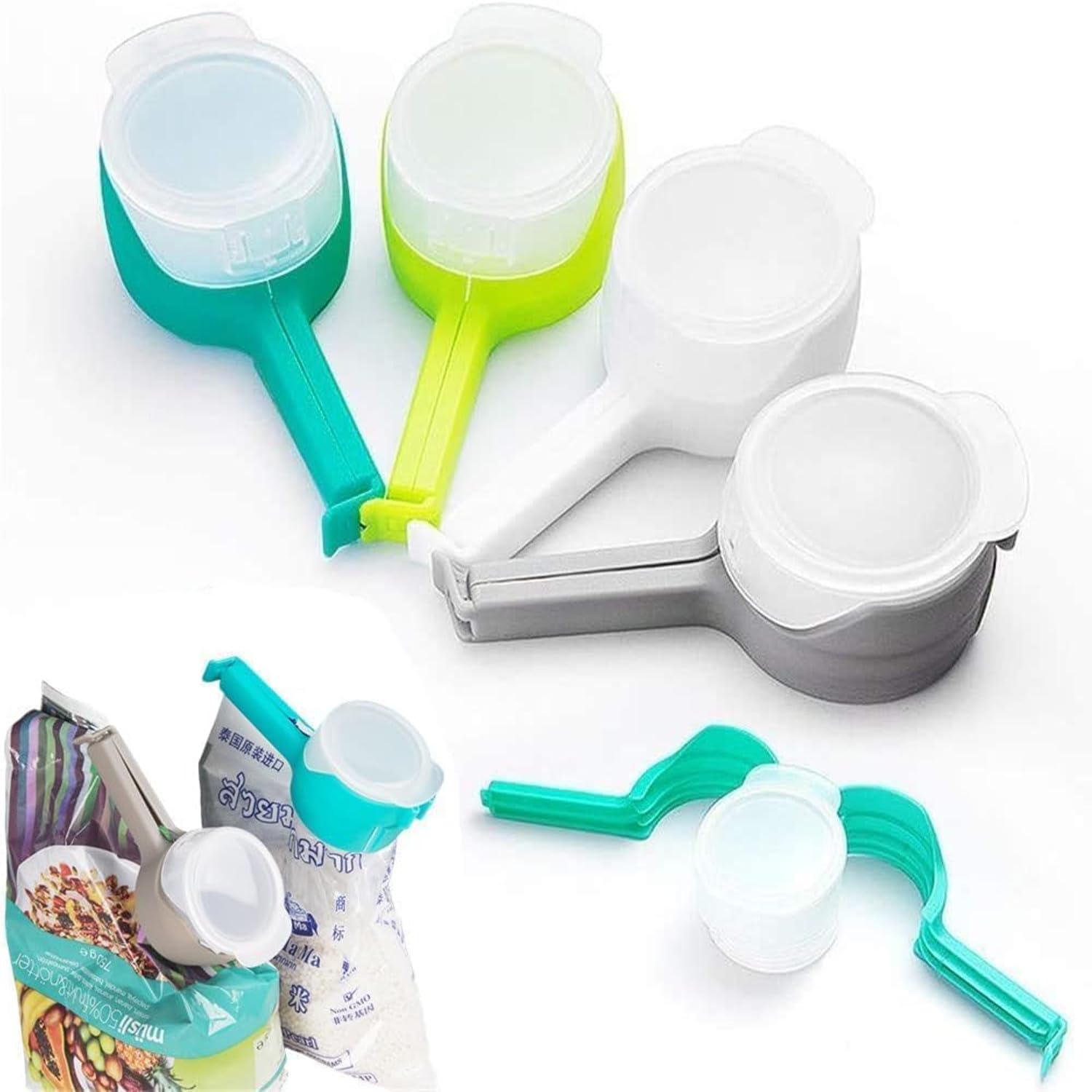 4PCS Food Clips Set with Pour Spout Food Storage Sealing Clips with Pouring Spouts Bag Clips for Food Kitchen Clips Chip Bag Clips Great for Kitchen Food Storage and Organization (4 Colors)