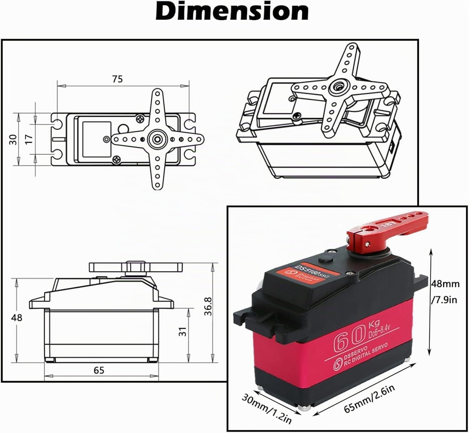 DS5160 Servomoteur,Digital Servo Servomoteur 60KG 180° Servo Numérique à Engrenages Métalliques Servo RC étanche pour 1/5 Redcat HPI Baja,Voiture Rc HéLicoptèRe Gouvernail Bateau Avion Diy Modelisme