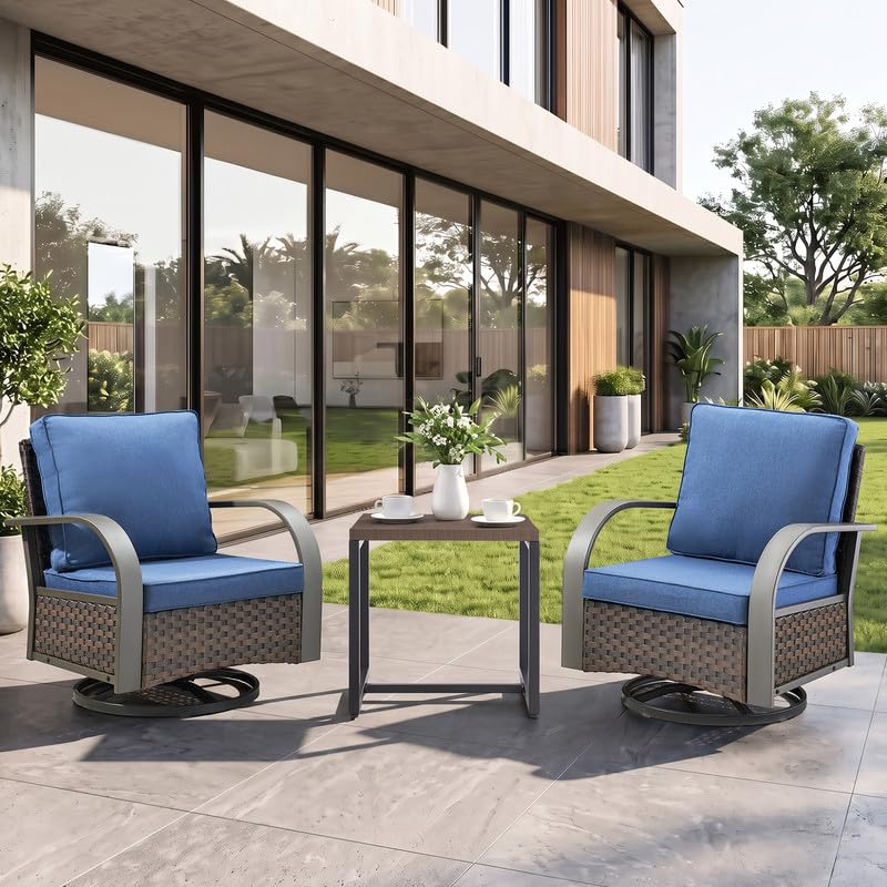 Image of 3 Piece Outdoor Patio Wicker Swivel Rocker Chairs with Table, Blue Cushion