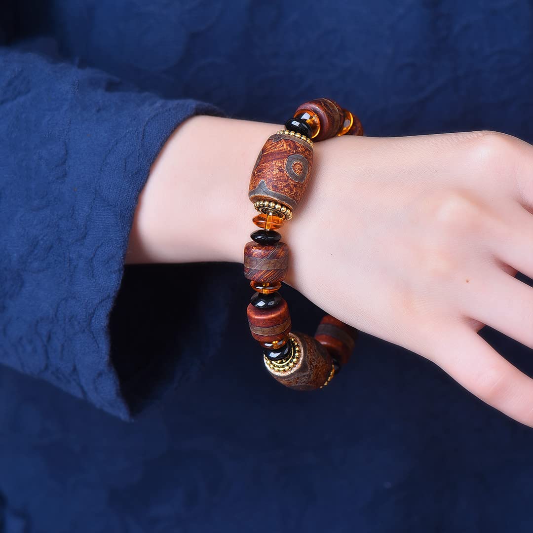 Pulsera Pulsera de amuleto Fengshui, pulsera de cuentas Dzi de estilo tibetano, ágata antigua natural, regalos de joyería budista, atraer riqueza, dinero y buena suerte, pulsera de brazalete con cuent