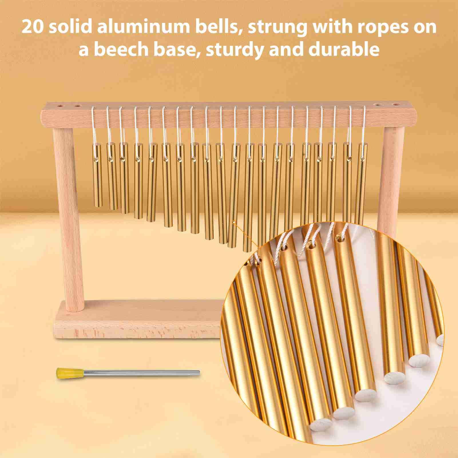20-Ton-Stab-Windspiele, Einreihiges Tisch-Windspiel, Schlaginstrument mit Holzsockel für Heimdekoration und Musiktherapie, Klangspiel Windspiel aus Buchenholz und Aluminium