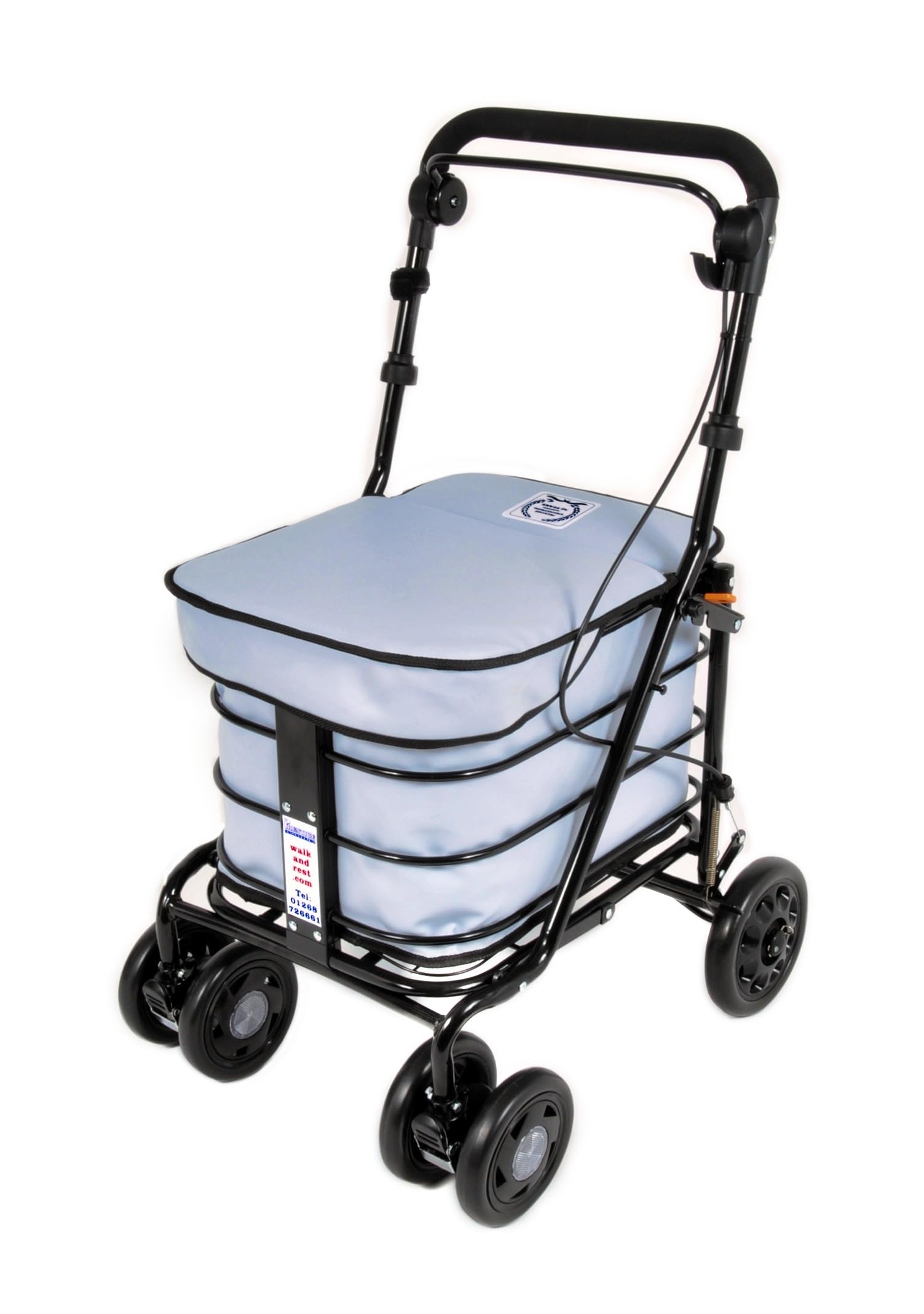 Walking Trolley/Shopping Trolley with Seat/Seated Mobility Trolley/Stroller/Rollator (FULLY ASSEMBLED READY TO USE!) Folding with handbrake 6 wheels and seat (Sky Blue)