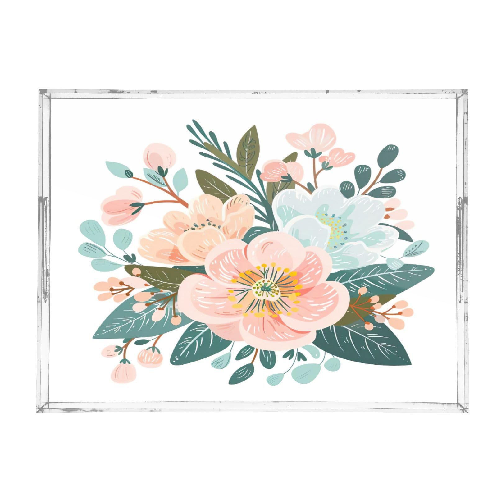 BOESI Doodle Colorful Flower Pattern Acrylic Decorative Dining Tray, Acrylic Decorative Tray Organizer with Handle for Kitchen, Dining Room, Bathroom, Dresser