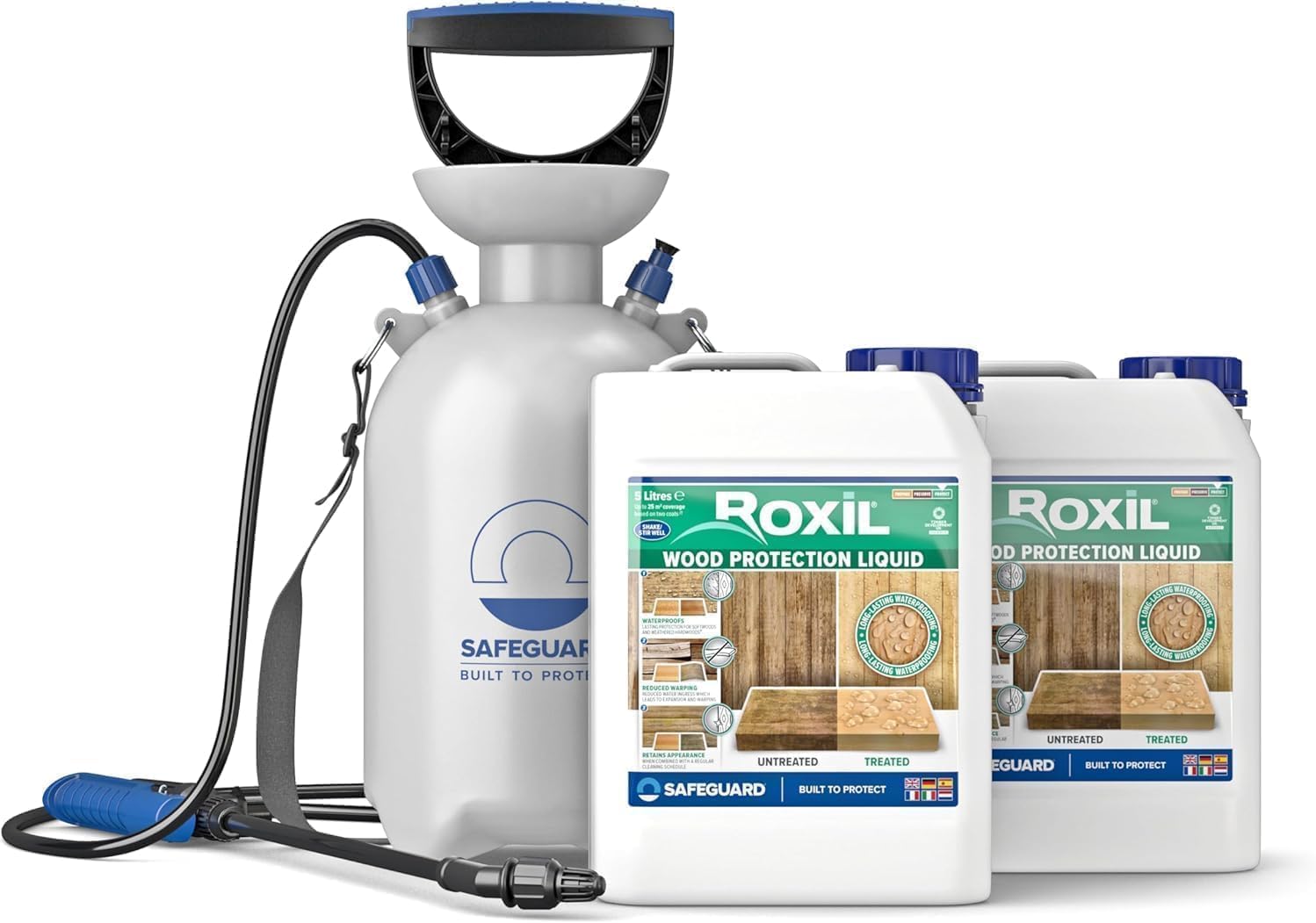 Roxil Holzlasur (2 x 5 L & Sprayer, Transparent) - Bis zu 10 Jahre Witterungsschutz und Hydrophobierung für Weichholz und gealtetes Hartholz - Geeignet für Holzmöbel, Gartenmöbel