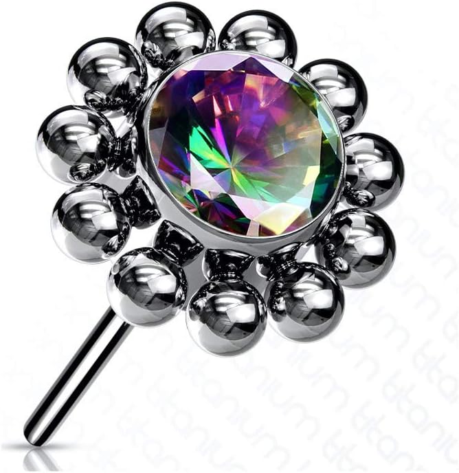 Implant Grade Titanium Threadless Push In Flower Tops with Center CZ and Surrounding Ball Cluster 14ga-20ga (Choose Color)