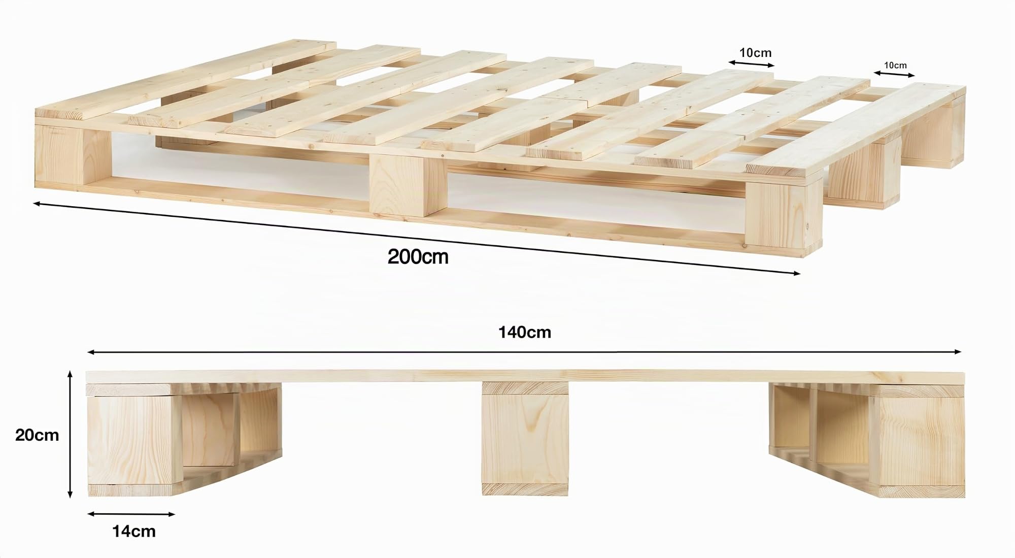 Palettenbett M1 aus Holz 140 x 200 cm Natur mit Lattenrost Holzbett 20cm Stabiles Seniorenbett Kinderbett Jugendbett Gästebett erhöhtes Einzelbett Bettgestell Futonbett Komforthöhe Naturholz