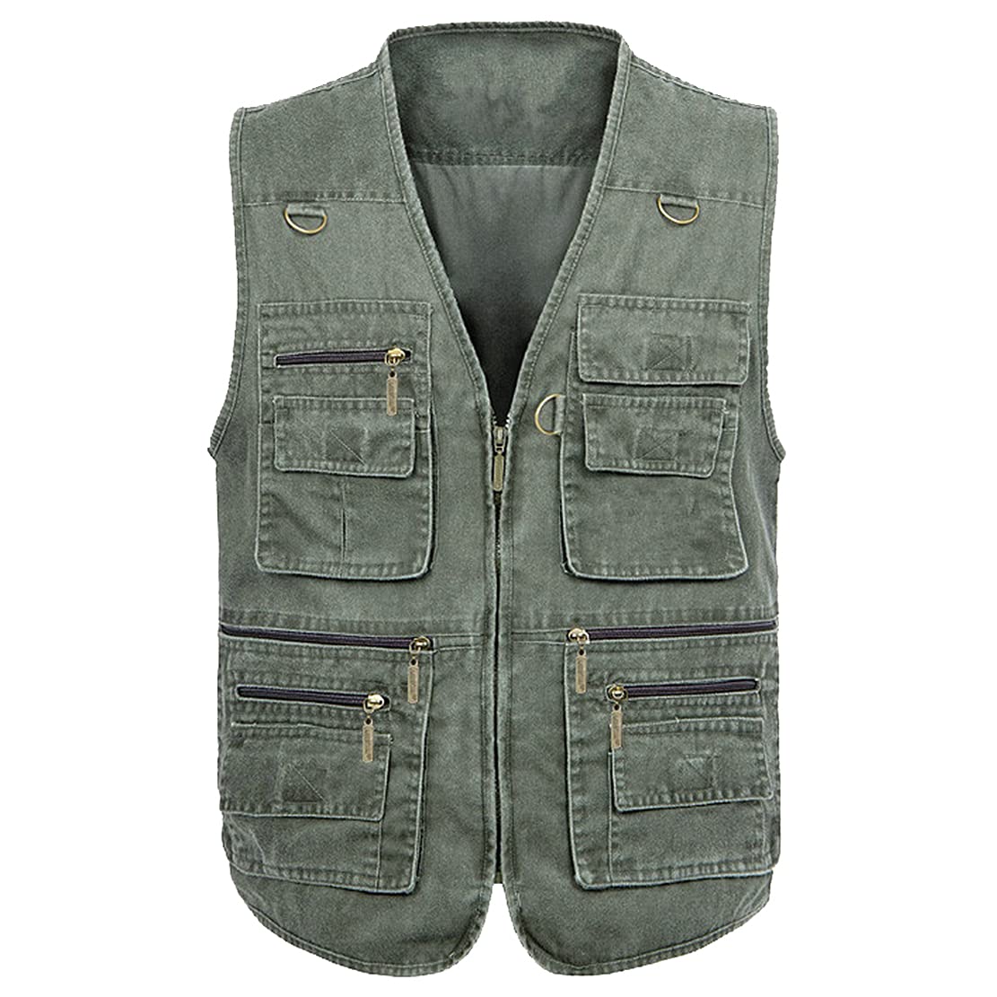 Hwalleum Men's Army Green Casual Cotton Outdoor Sleeveless Vest, Summer Classic Lightweight Breathable Multi-Pocket Outdoor Utility Gilet Quick Dry Sports Fishing Photography Hiking Gilets Camping Waistcoat