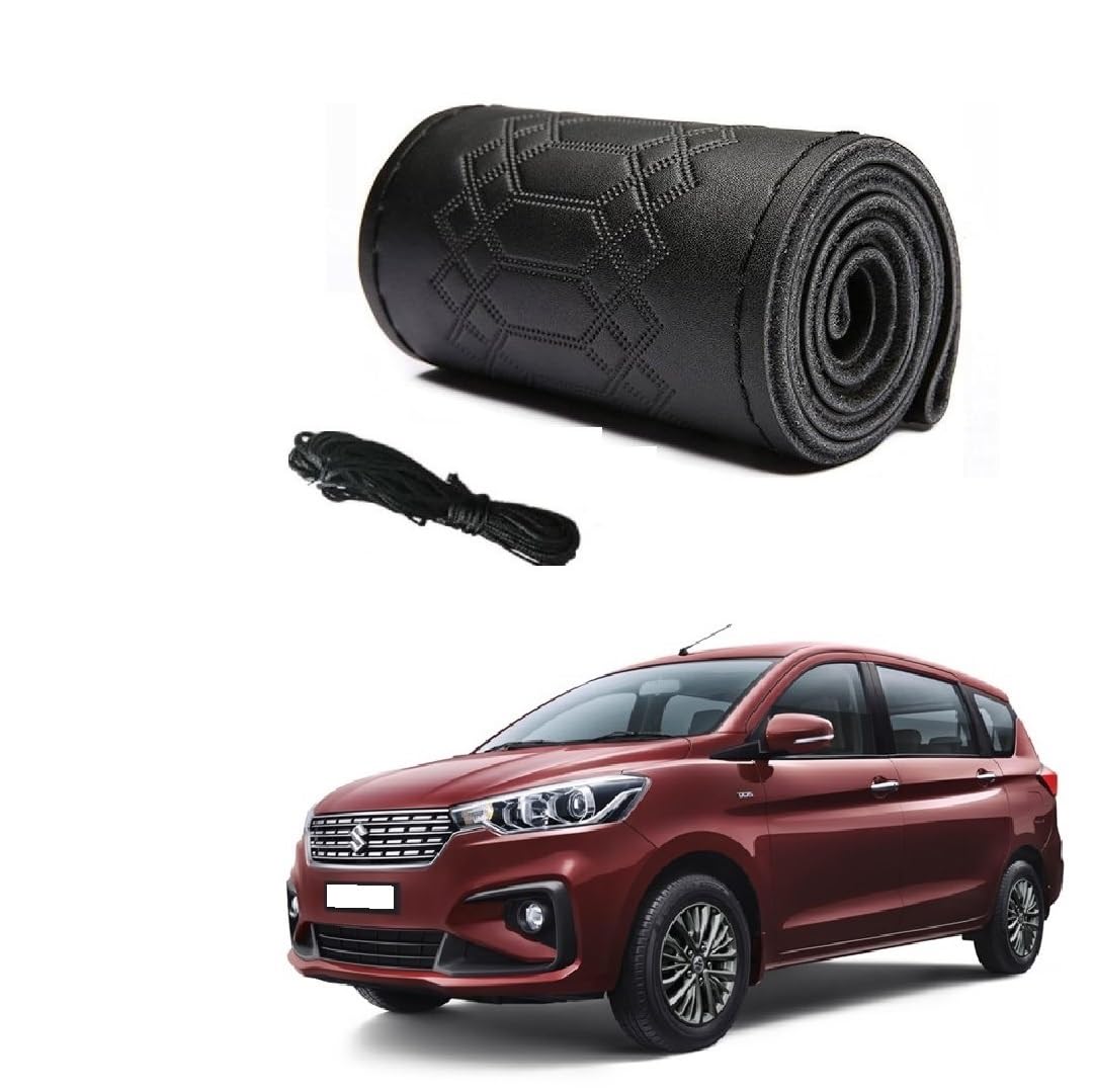 Car Steering Wheel Cover with Needle Thread Leather Sleeve Anti-Slip Breathable Full Black Color Suitable for Maruti Suzuki Ertiga Type-3