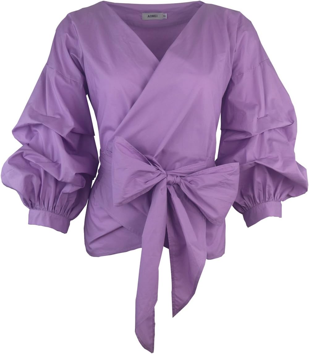 AOMEI Women Spring Summer Blouses with Puff Sleeve Sashes Shirts Tops Purple Medium