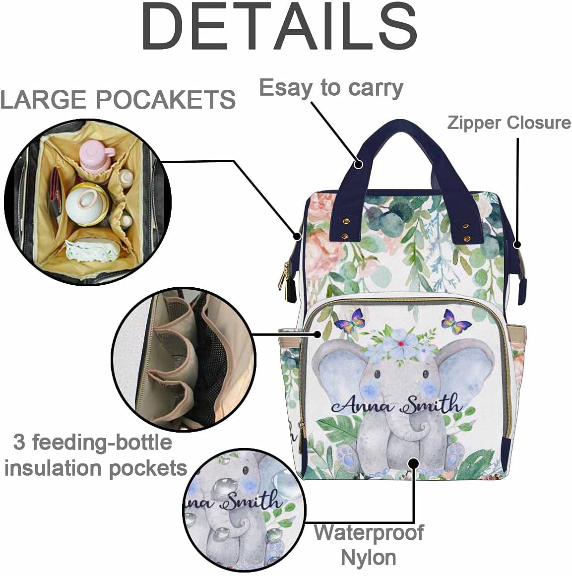 Artsadd Custom Elephant Diaper Bag with Name, Personalized Baby Girl Boy Diaper Bags, Backpack for Dad Mom Gifts