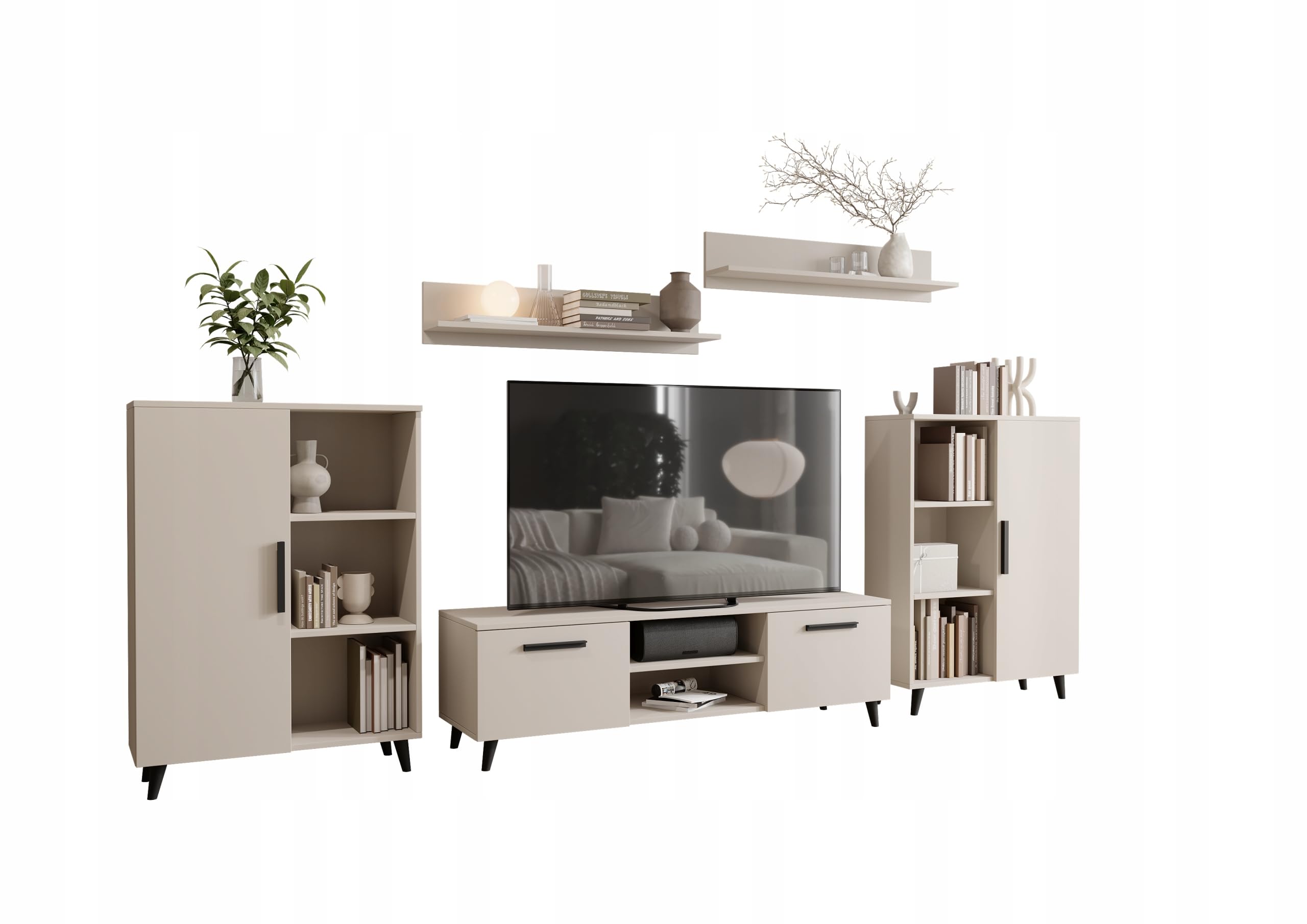 Per la vita Schrankwand Kaschmirfarbe Oslo II – Modernes Regalwohnzimmer Set in Kaschmir - Möbel Modern mit integriertem Wohnzimmerschrank, TV Schrank, Sideboard & Wandregal x2