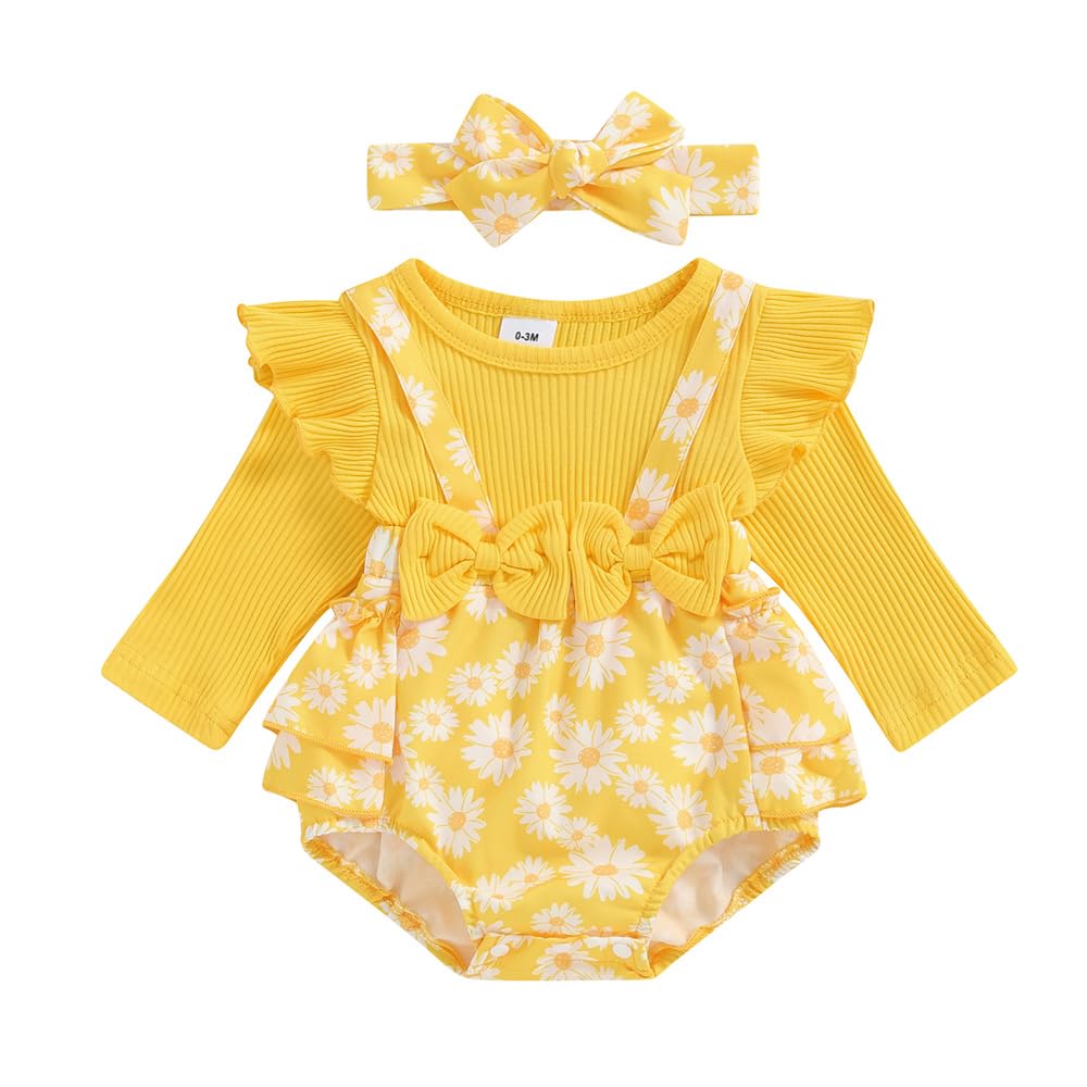 Baby Girl Outfit Floral Daisy Romper Newborn Dress Ruffle Infant Jumpsuit Dresses Cute Fall Clothes and Headband (3-6 Months,Long Sleeve Daisy Yellow)