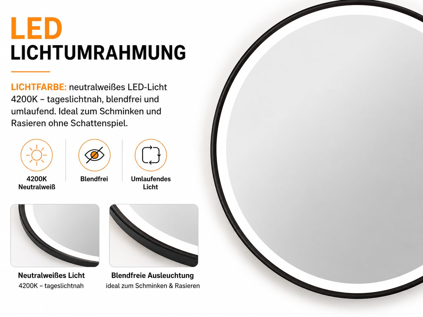 Talos Espejo de baño con iluminación de 60 cm, LED Blanco Neutro, Marco ABS Negro, protección contra Salpicaduras IP24