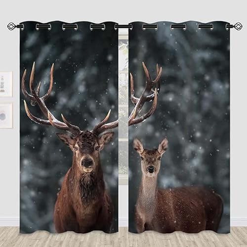 Miniatura 2 de Cortinas opacas de ciervo para decoración del hogar, invierno natural, nieve, bosque, animal, cuernos de alce, ojales, aislamiento térmico, cortinas