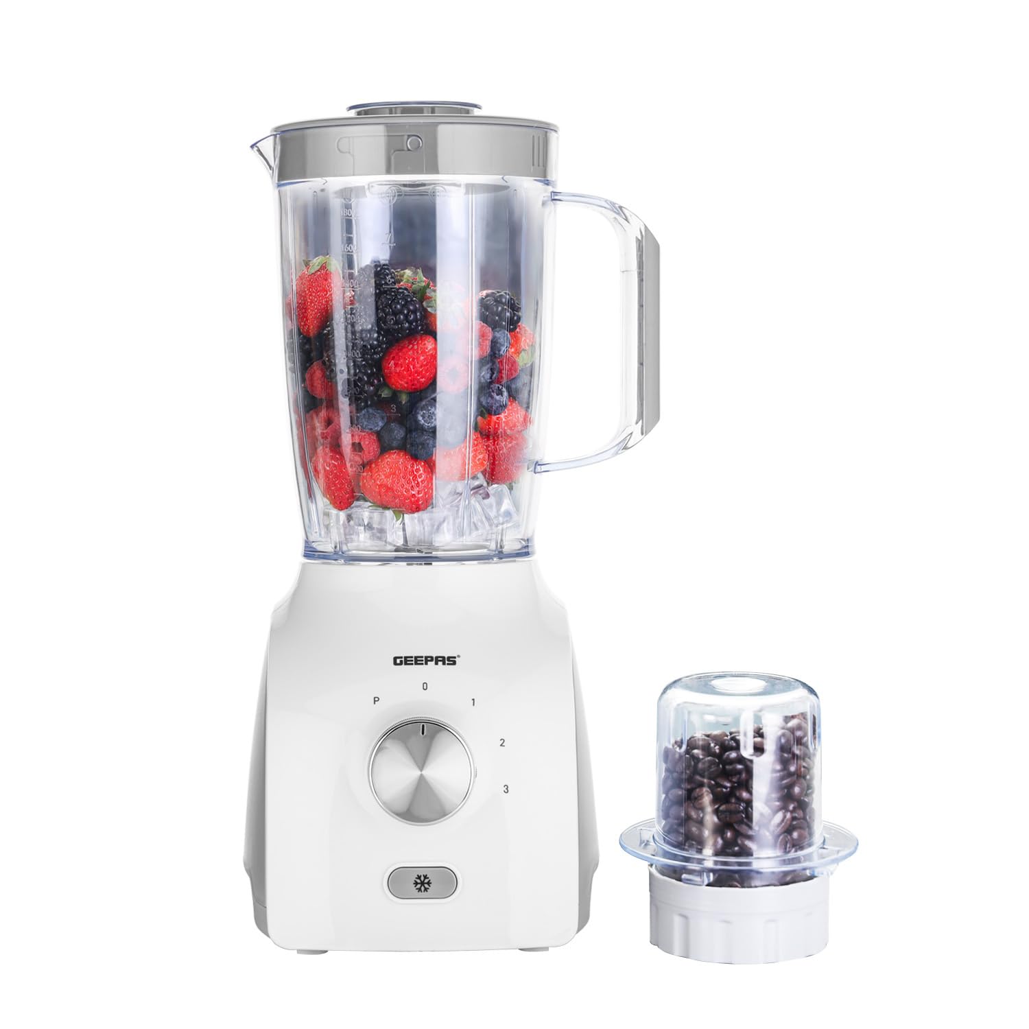 2-in-1 Food Jug Blender | 1.8L Juice Jar & 60G Mini Coffee Spice Mill | 6-Leaf Stainless-Steel Blades 3 Speed & Pulse Smoothie Maker Turbo Button for Ice Crushing Overheat Protection 600W White