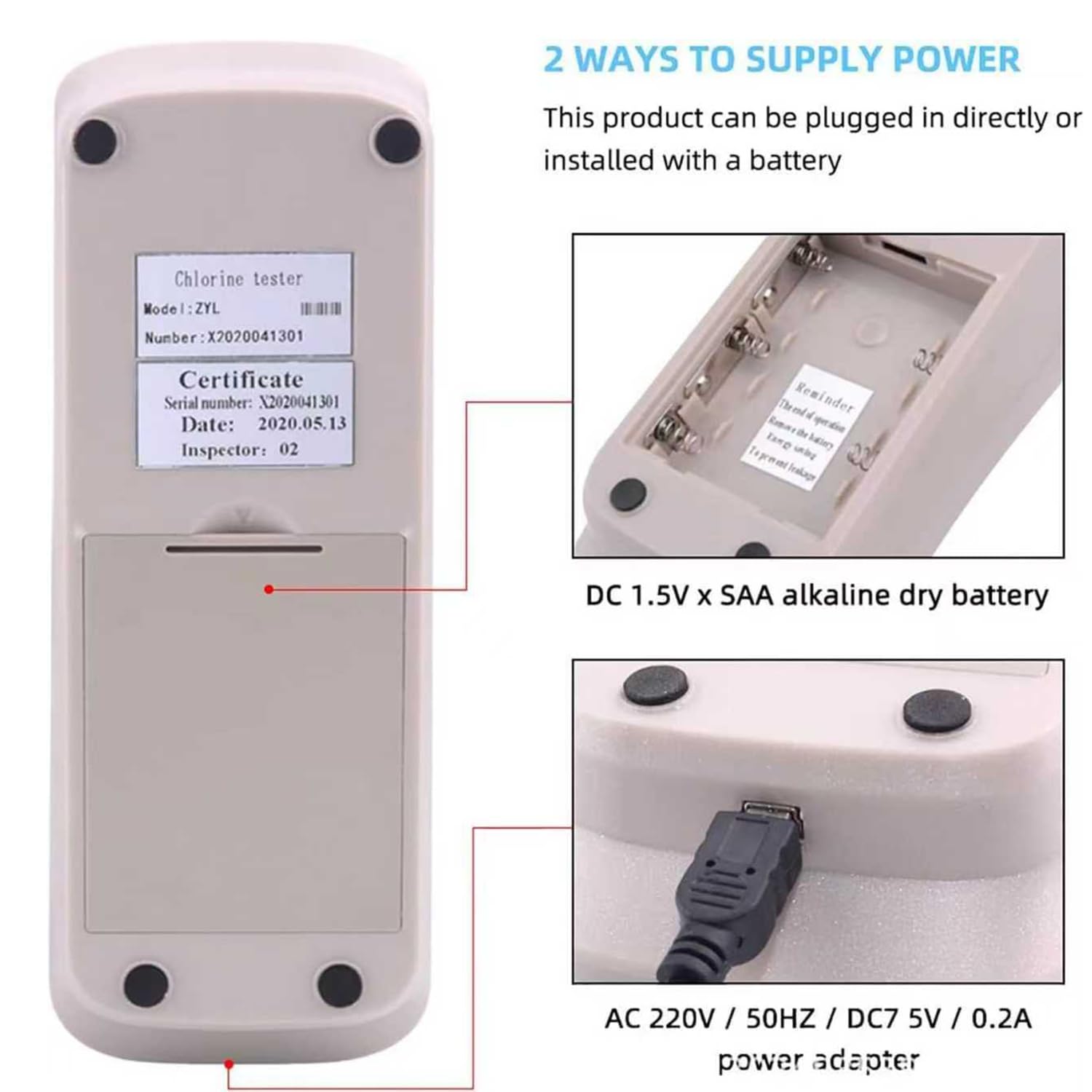 Detector De Cloro Residual, Medidor De Calidad Del Agua, Rango De Medición 0-5,00 Mg/l, Precisión 0,01 Mg/l, Almacenamiento De 10 Datos, Medición Del Contenido De PH Y Cl2, Para Piscinas Y Centros