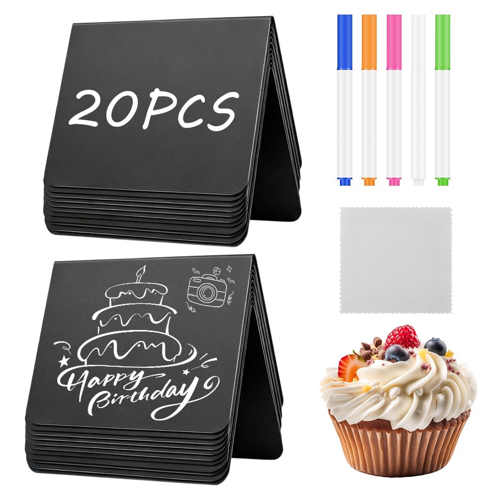 20 Pcs Mini Chalkboard Signs, 10 x 7.5cm Food Labels for Buffet with 5 Pens & 1 Cloth, Small Blackboard Sign, Blackboard Place Cards Table Signs for Price Tags, Food Labels, Buffet, Wedding, Shop
