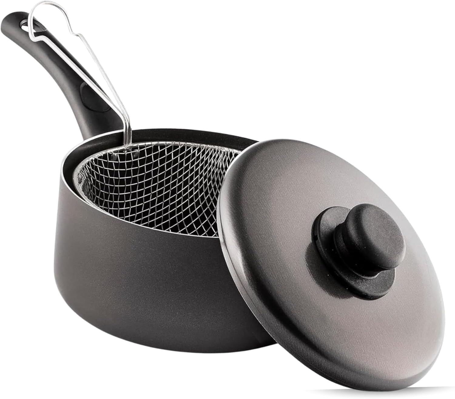 SK COOKWARE Chip Pan with Basket & Lid Non-Stick Fat Fryer Set 22cm | Durable Crispy Frying Pan with Plastic Handles | Ideal for Gas Stoves & Home Frying (10" Black) (Black, 22cm)
