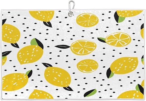 Cartoon Yellow Lemons Black Dots Golf Towel Microfiber Golf Towels for Golf Bags with Clip, 15"X 24"