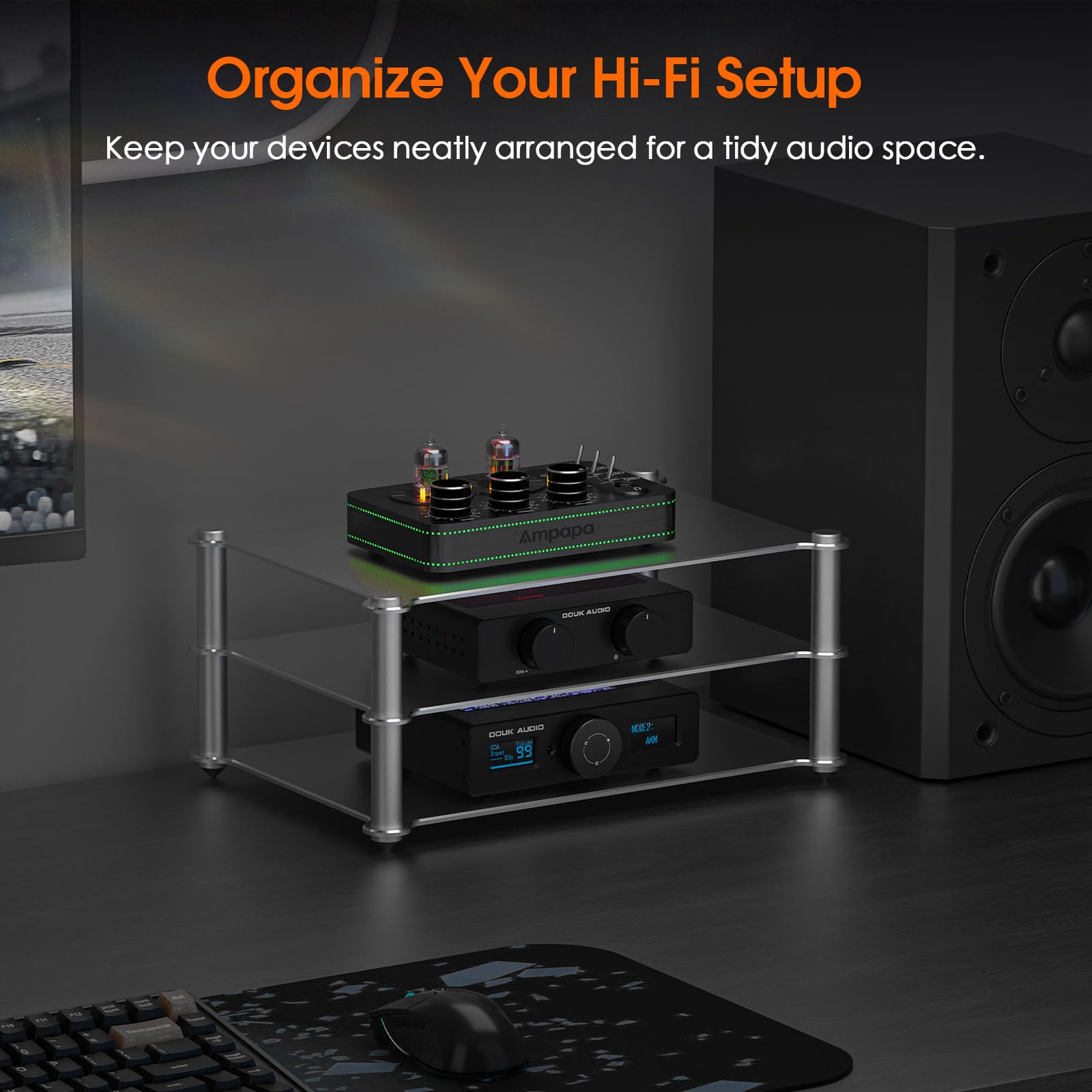 DoukAudio Support audio en aluminium : étagère HiFi de bureau multicouche pour amplificateur, préampli DAC, rack de rangement modulaire ventilé CNC, configuration studio à domicile